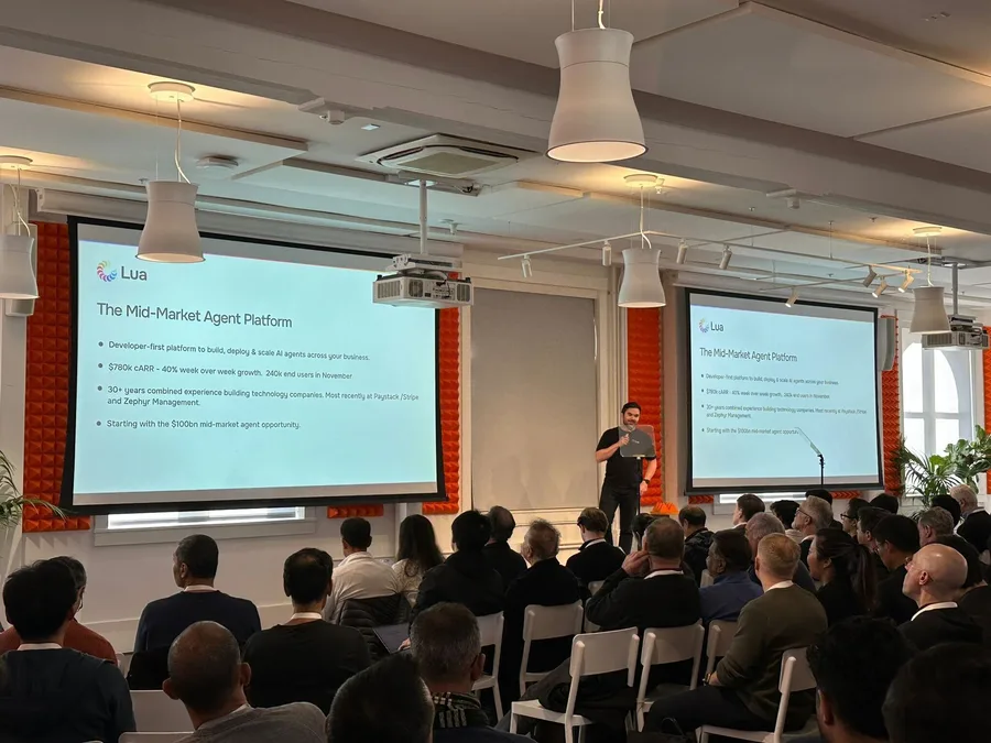Stefan pitching Lua on stage to a full room